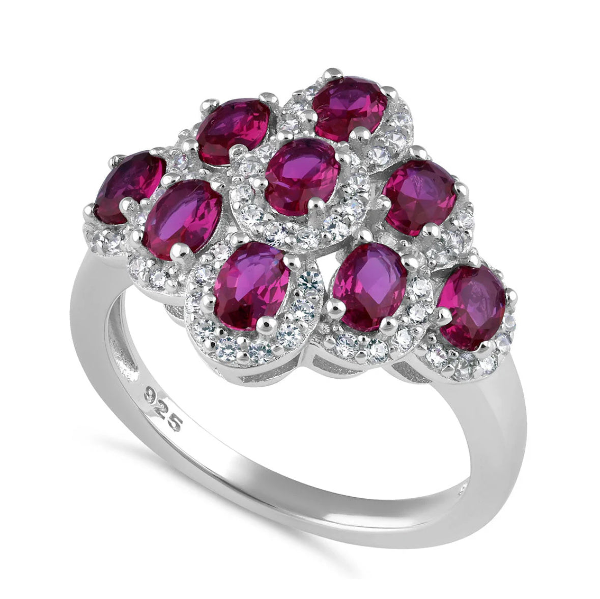 Sterling Silver Oval Ruby CZ Cluster Ring