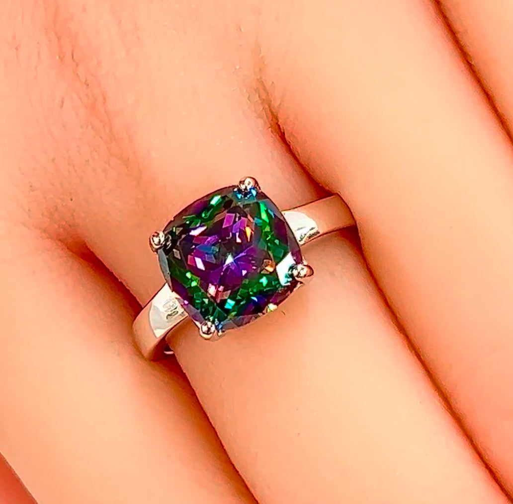 Sterling Silver Cushion Cut Rainbow Topaz CZ Ring