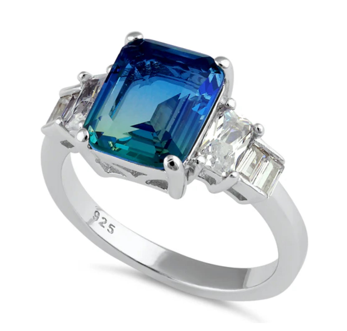 Sterling Silver Bicolor Blue Green Ombre CZ Ring