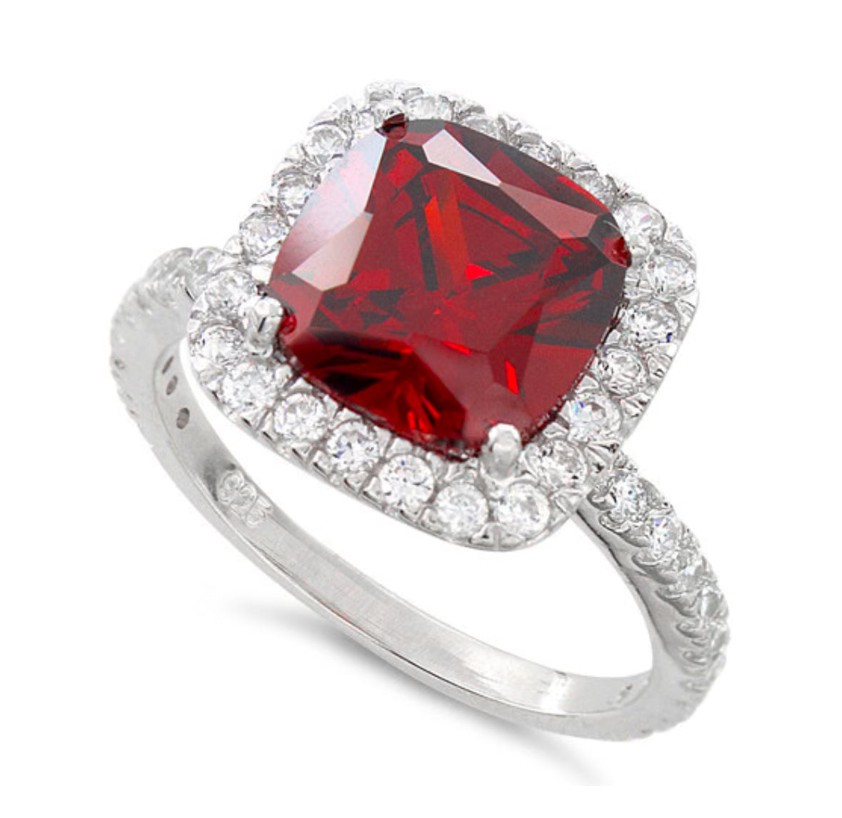 Sterling Silver Cushion Cut Garnet CZ Ring