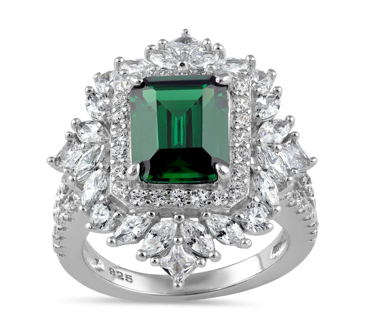 Sterling Silver Large Emerald Green Vintage Floral CZ Ring