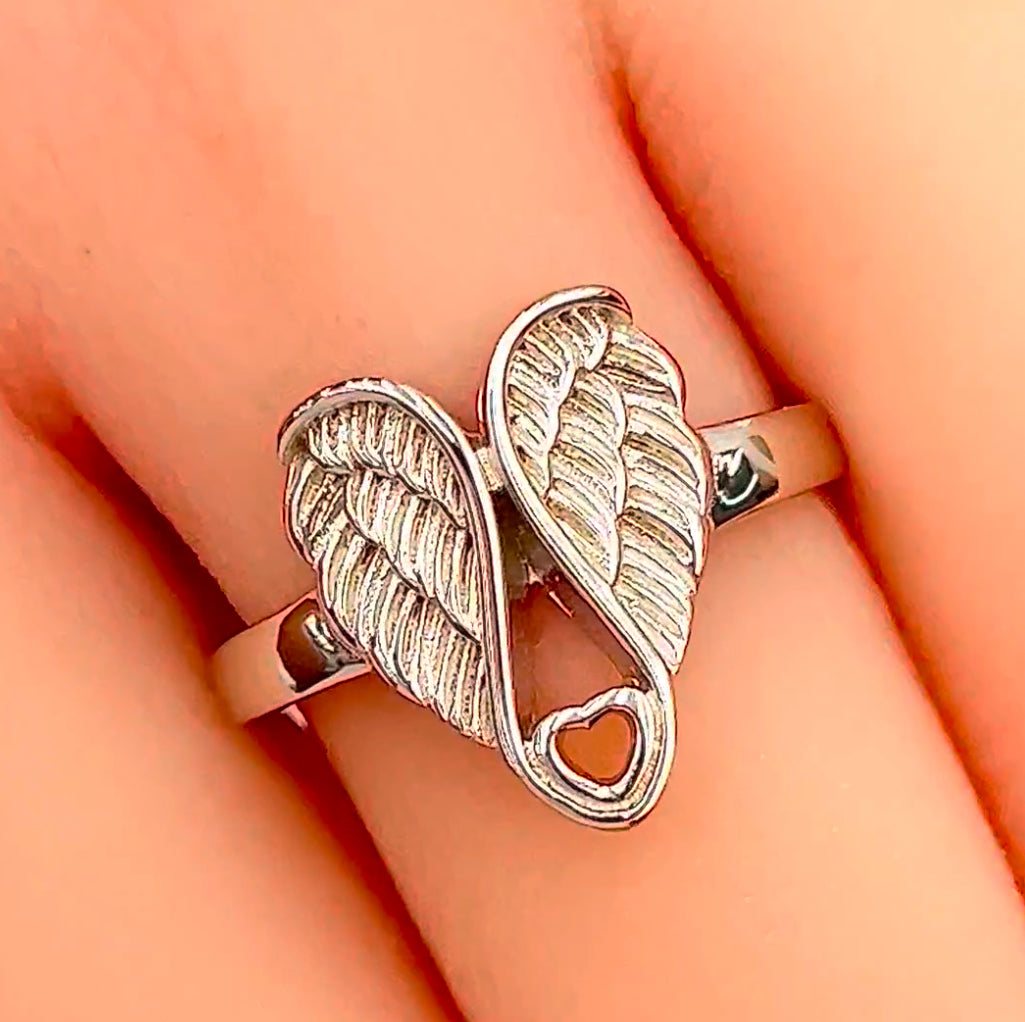 Sterling Silver Angel Wings with Heart Ring