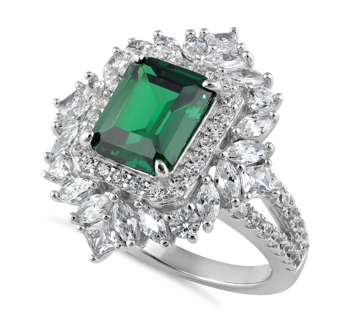 Sterling Silver Large Emerald Green Vintage Floral CZ Ring