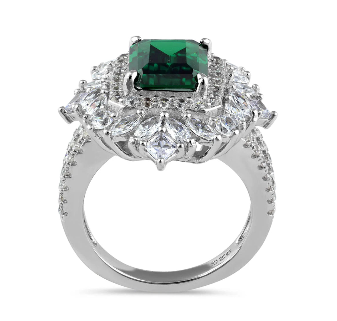 Sterling Silver Large Emerald Green Vintage Floral CZ Ring