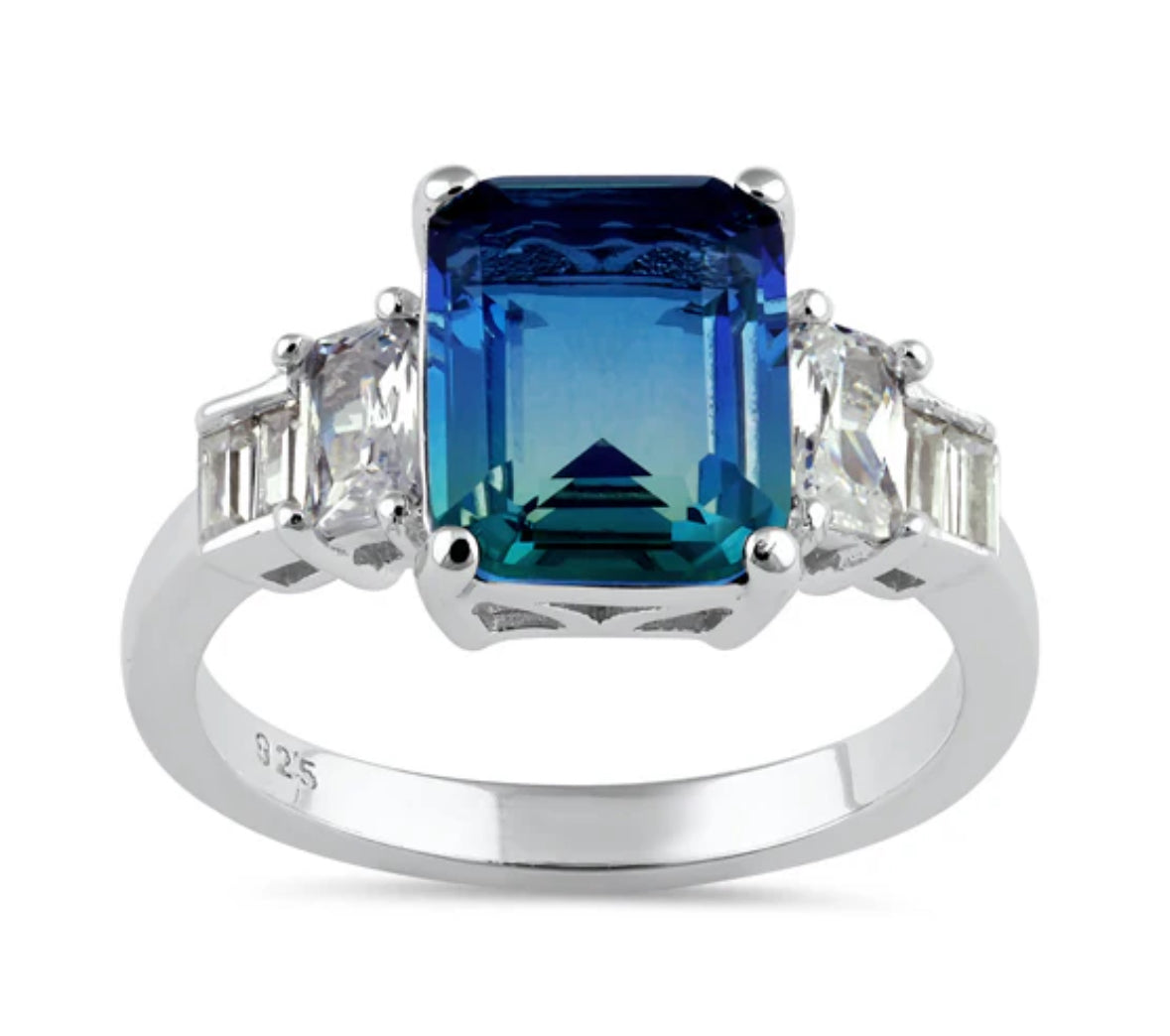 Sterling Silver Bicolor Blue Green Ombre CZ Ring