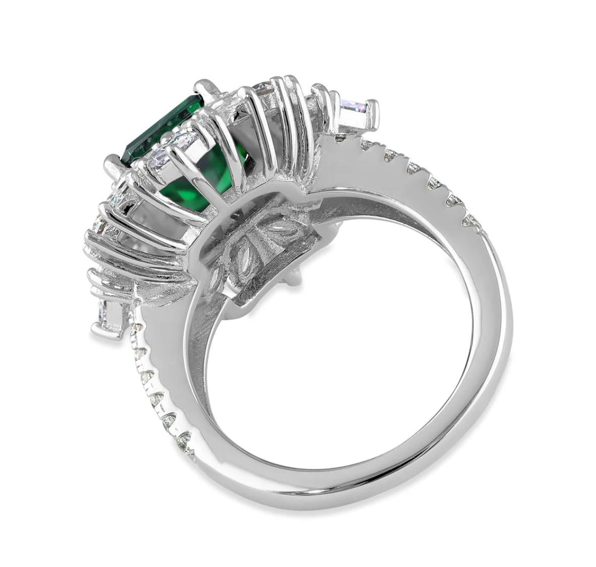 Sterling Silver Large Emerald Green Vintage Floral CZ Ring